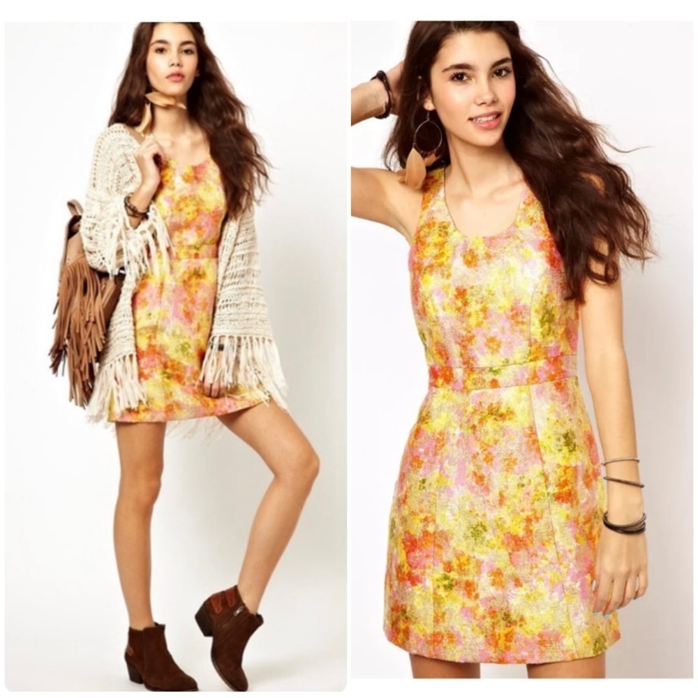 Free People | Boho Vintage Style Gold Rose Brocade Mini Dress | 0